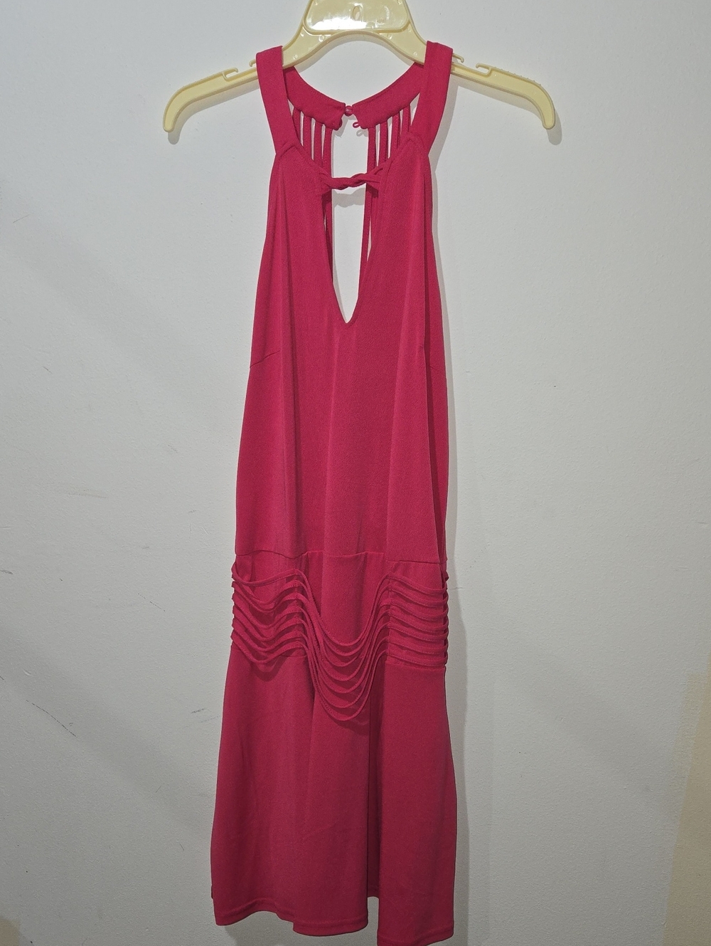VENUS Hot Pink Backless Halter Midi Dress with Waist Draping